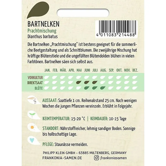 Frankonia Samen Saatgut Bartnelken, Prachtmischung - Dianthus barbatus, 1,48 g - Samentüte für Bartnelken Prachtmischung (Dianthus barbatus) mit Pflanzanleitung und Barcode.