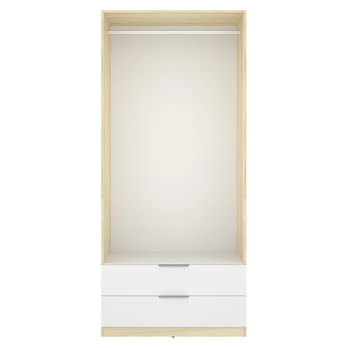 Dekit Armario para ropa Emax - L x An x Al: 51,4 x 91 x 203,5 cm, Roble claro/Blanco, Número de cajones: 2 ud. - Armario abierto con marco de madera clara, interior blanco, barra de colgar y dos cajones blancos con tiradores plateados.
