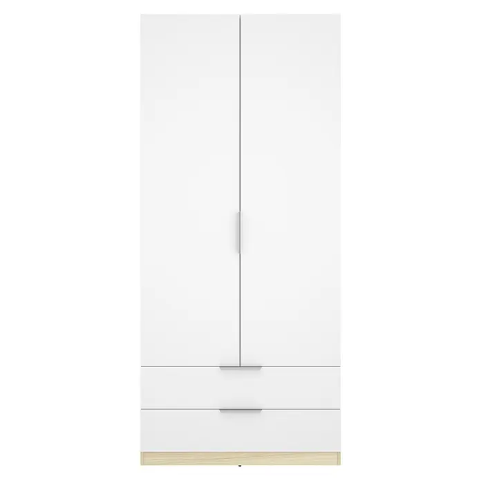 Dekit Armario para ropa Emax - L x An x Al: 51,4 x 91 x 203,5 cm, Roble claro/Blanco, Número de cajones: 2 ud. - Armario blanco de dos puertas con dos cajones, tiradores plateados y base de madera clara.