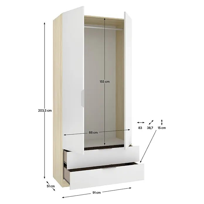 Dekit Armario para ropa Emax - L x An x Al: 51,4 x 91 x 203,5 cm, Roble claro/Blanco, Número de cajones: 2 ud. - Armario blanco y madera clara con dos puertas, dos cajones y barra colgante. Dimensiones: 203,5 Al x 91 An x 51 P cm.
