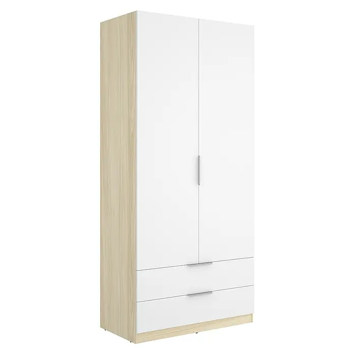 Dekit Armario para ropa Emax - L x An x Al: 51,4 x 91 x 203,5 cm, Roble claro/Blanco, Número de cajones: 2 ud. - Armario blanco con dos puertas y dos cajones, laterales y base con efecto de madera clara, y tiradores plateados.
