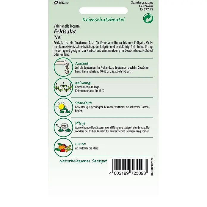 Samen Pfann Saatgut Feldsalat, Vit - Valerianella locusta - TEKWEST Feldsalat 'Vit' Saatgutbeutel mit Keimschutz, naturbelassenen Samen, Pflanzanleitung und Barcode.