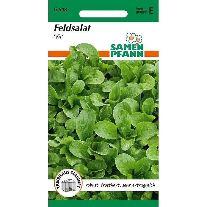 Samen Pfann Saatgut Feldsalat, Vit - Valerianella locusta - Saatgutpackung Feldsalat 'Vit' mit Bild von grünen Pflanzen, grün-weißem Design und Hinweisen zu Robustheit und Ertrag.