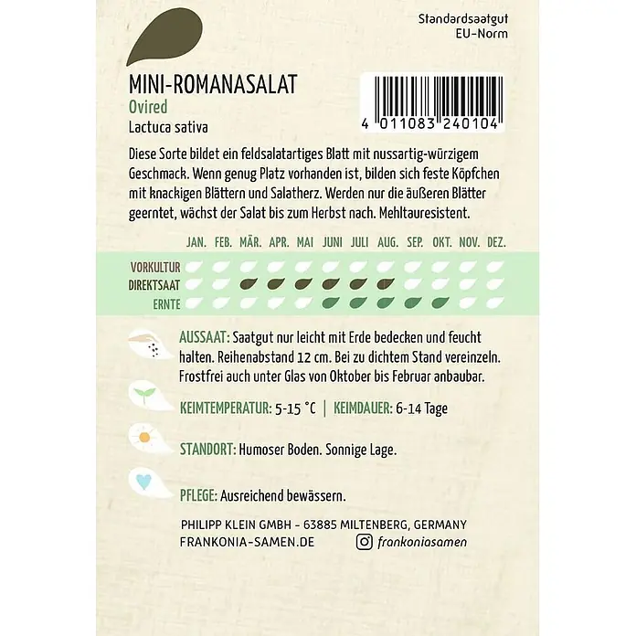 Frankonia Samen Saatgut Mini-Romanasalat, Ovired - Lactuca sativa - Samenpäckchen für Mini-Romanasalat Ovired mit Anbauinformationen.