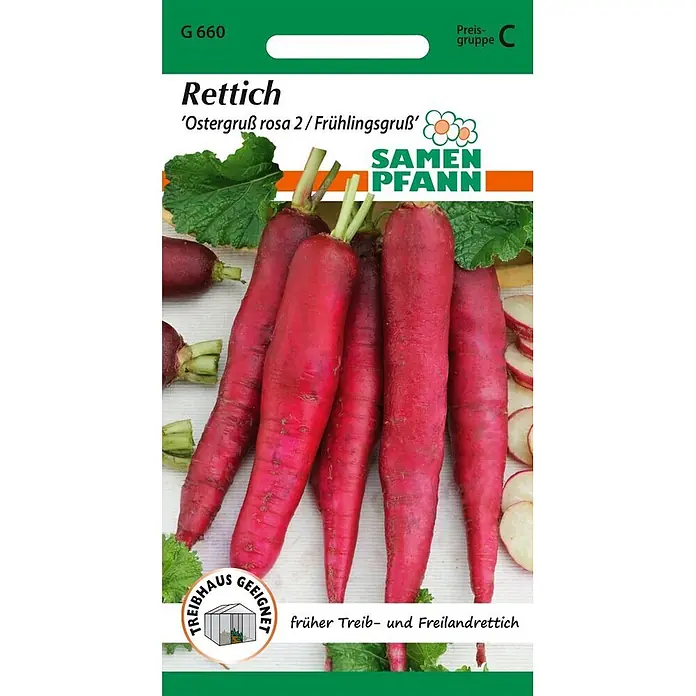 Samen Pfann Saatgut Rettich, Ostergruß rosa 2 / Frühlingsgruß - Raphanus sativus, 1,9 g - Rote Rettichsamen der Sorte 'Ostergruß rosa 2 / Frühlingsgruß', geeignet für Gewächshaus und Freilandanbau, mit Abbildung langer roter Radieschen.