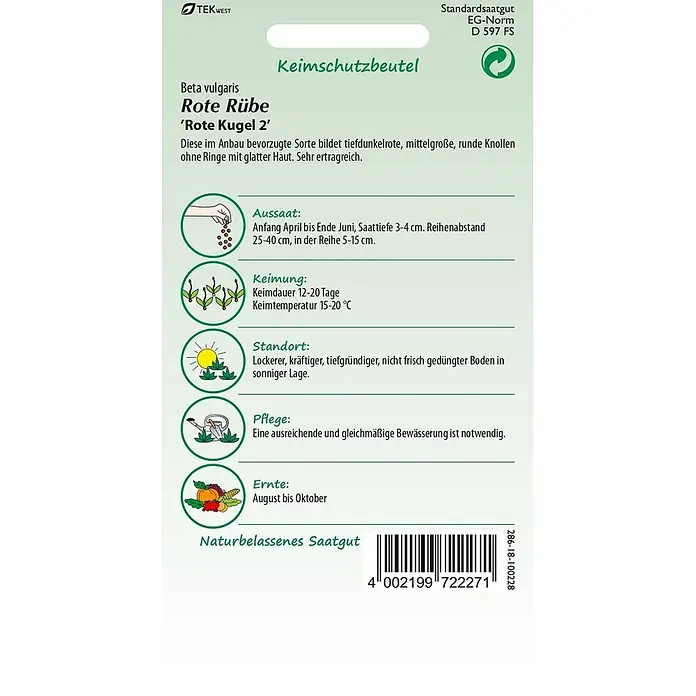 Samen Pfann Saatgut Rote Rübe, Rote Kugel (Rote Beete Bete) - Beta vulgaris, 1,9 g - Saatguttüte für Rote Rübe 'Rote Kugel 2' mit Anbauanleitung und Barcode.