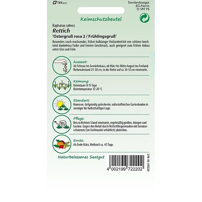Samen Pfann Saatgut Rettich, Ostergruß rosa 2 / Frühlingsgruß - Raphanus sativus, 1,9 g - TEKWEST Radieschen-Samenpäckchen 'Ostergruß rosa 2 / Frühlingsgruß' mit Pflanzanleitung und Symbolen.