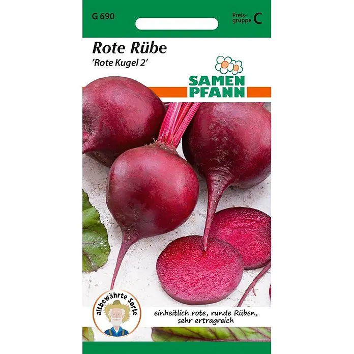 Samen Pfann Saatgut Rote Rübe, Rote Kugel (Rote Beete Bete) - Beta vulgaris, 1,9 g - Samen-Pfann-Samentüte für Rote Rüben 'Rote Kugel 2'. Zeigt rote, runde Rote Bete, einige geschnitten.