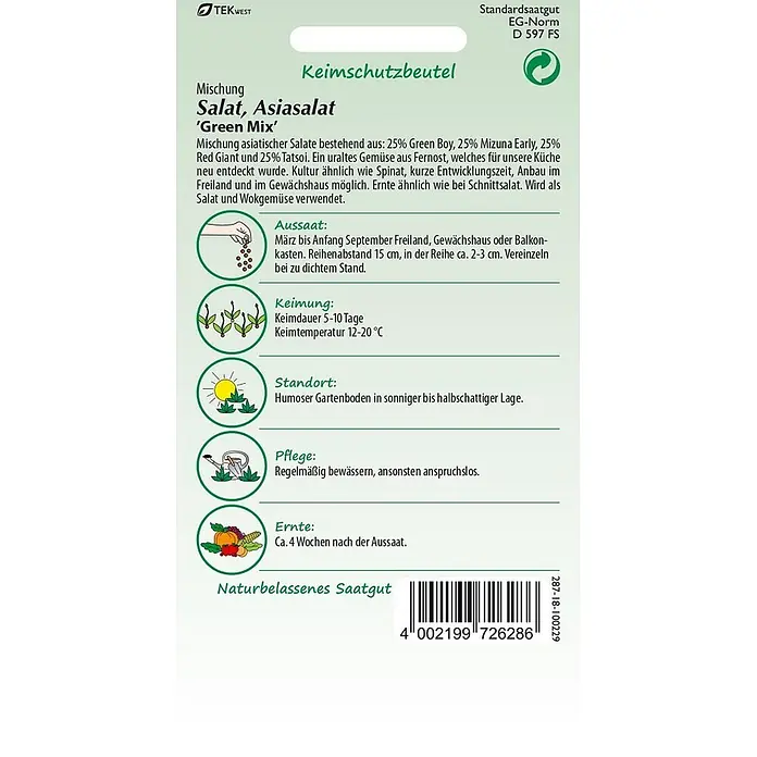 Samen Pfann Saatgut Asiasalat, Green Mix, Mischung -  - Samenpäckchen für 'Green Mix' Asiasalat-Samen, mit Pflanzanleitung und Barcode.