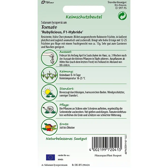 Samen Pfann Saatgut Tomate, Rubylicious F1 - Solanum lycopersicum, 1,6 g - Weiß-grüne Samenpackung für 'Rubylicious' F1-Hybrid-Kirschtomaten, mit Pflanzanleitung und Barcode.