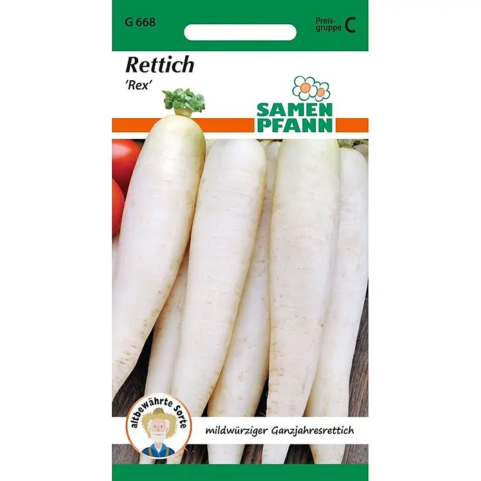 Samen Pfann Saatgut Rettich, Rex - Raphanus sativus, 1,9 g - Samenpackung für Rettich 'Rex', zeigt lange, weiße Rettiche.