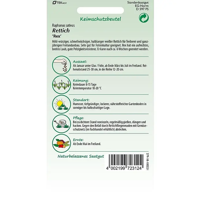 Samen Pfann Saatgut Rettich, Rex - Raphanus sativus, 1,9 g - Samenpackung für Rettich 'Rex' (Raphanus sativus) mit Pflanzanleitung und Produktdetails.