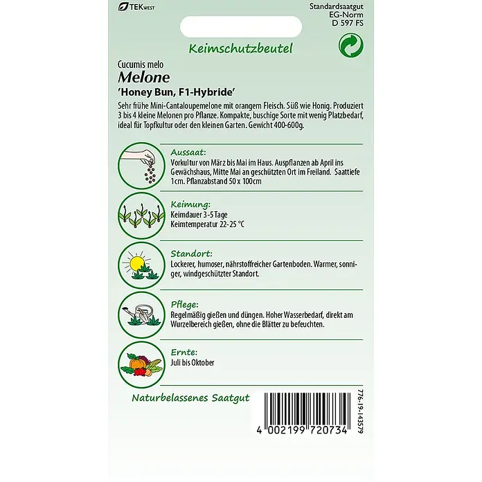 Samen Pfann Saatgut Honig-Melone, Honey Bun F1 - Cucumis melo, 1,6 g - Samenpäckchen für 'Honey Bun, F1-Hybride' Melonensamen mit Anbauanleitung und Barcode.