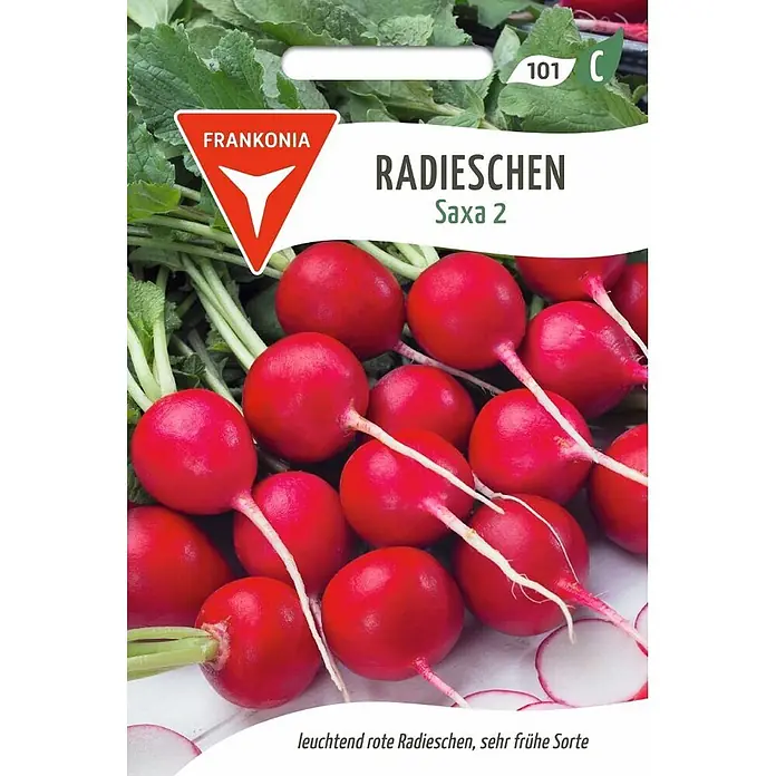 Frankonia Samen Saatgut Radies, Saxa 2 - Raphanus sativus, 1,73 g - Saatguttüte für 'Frankonia Radieschen Saxa 2' mit leuchtend roten Radieschen.
