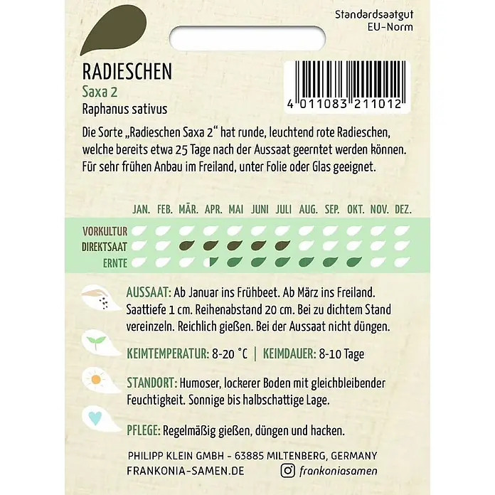Frankonia Samen Saatgut Radies, Saxa 2 - Raphanus sativus, 1,73 g - Samenpäckchen für Radieschen 'Saxa 2' mit dunkelgrünem Samen-Symbol, Text und Barcode.