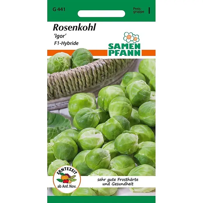 Samen Pfann Saatgut Rosenkohl, Igor F1 - Brassica oleracea, 1,6 g - Samenpackung Rosenkohl 'Igor' F1-Hybride von SAMEN PFANN mit Abbildung frischer grüner Rosenkohlköpfe.