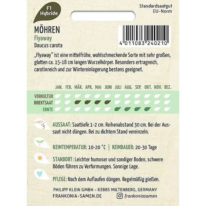 Frankonia Samen Saatgut Möhre, Flyaway F1 - Daucus carota - Möhrensamen-Tüte "Flyaway" F1 Hybride mit Anbauanleitung und Produktinformationen.