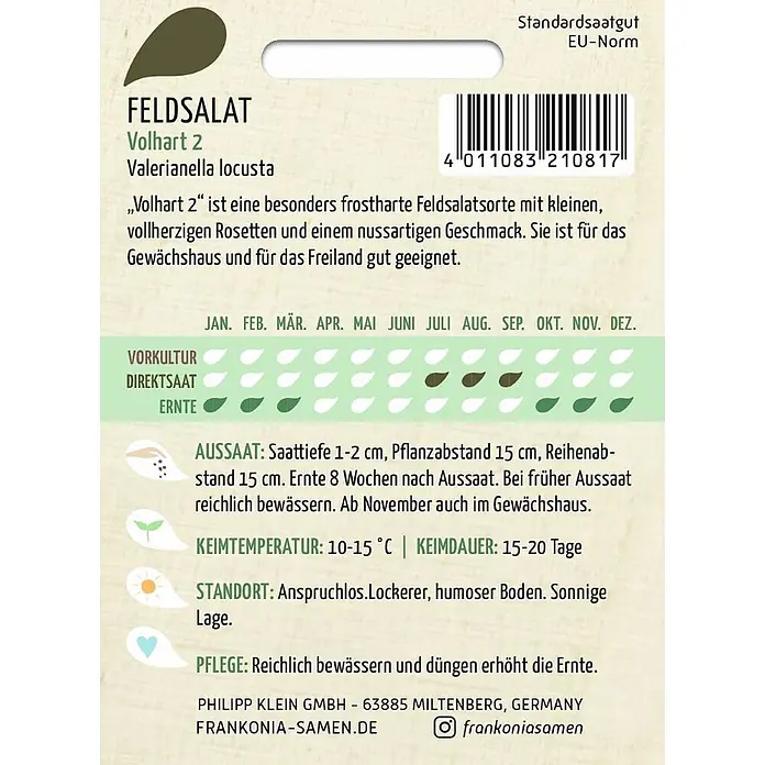 Frankonia Samen Saatgut Feldsalat, Volhart 2 - Valerianella locusta, 1,68 g - Samentüte für Feldsalat 'Volhart 2' (Valerianella locusta), mit Anbauanleitung und Kalender.