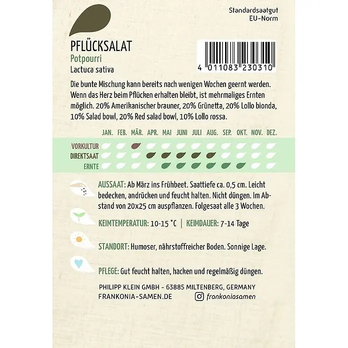 Frankonia Samen Saatgut Pflücksalat, Potpourri - Lactuca sativa, 1,53 g - Samenpaket für Pflücksalat Potpourri mit grüner Grafik und Pflanzanweisungen.