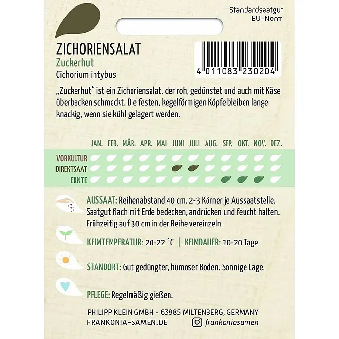 Frankonia Samen Saatgut Zichoriensalat, Zuckerhut - Cichorium intybus, 1,53 g - Zichoriensalat 'Zuckerhut' Samenpäckchen mit Pflanz- und Pflegeanleitung.