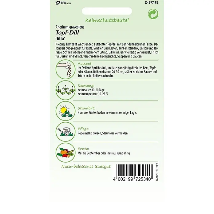 Samen Pfann Saatgut Topf - Dill, Ella - Anethum graveolens - Grüne und weiße Samenpackung für Topf-Dill 'Ella' (Anethum graveolens) mit Anbauanweisungen.