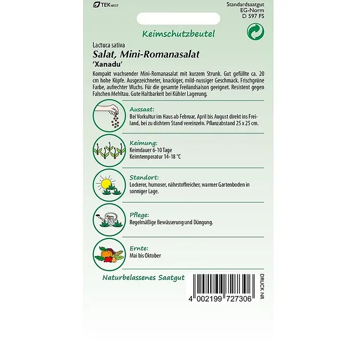 Samen Pfann Saatgut Mini-Romanasalat, Xanadu - Lactuca sativa, 1,6 g - Samentüte für Mini-Romanasalat 'Xanadu' mit Produktinformationen, Aussaatanleitung und Barcode.