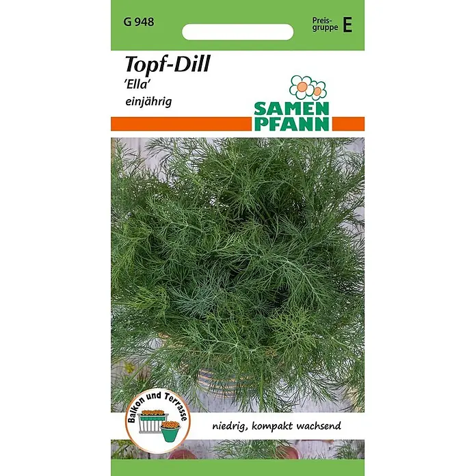 Samen Pfann Saatgut Topf - Dill, Ella - Anethum graveolens - Samenpäckchen für Topf-Dill 'Ella', zeigt eine üppige grüne Dillpflanze, beschrieben als niedrig und kompakt für Balkon und Terrasse.