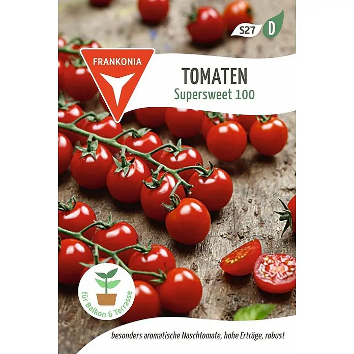 Frankonia Samen Saatgut Cocktailtomate, Supersweet 100 F1 - Solanum lycopersicum, 1,77 g - Rote Supersweet 100 Cherrytomaten an der Rispe, besonders aromatisch und robust, ideal für Balkon & Terrasse.