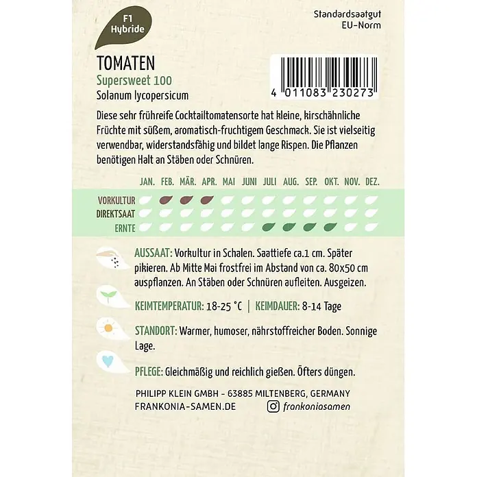 Frankonia Samen Saatgut Cocktailtomate, Supersweet 100 F1 - Solanum lycopersicum, 1,77 g - Samenpackung für 'Supersweet 100' Tomaten mit Aufschrift, Barcode und Anbauanleitung.