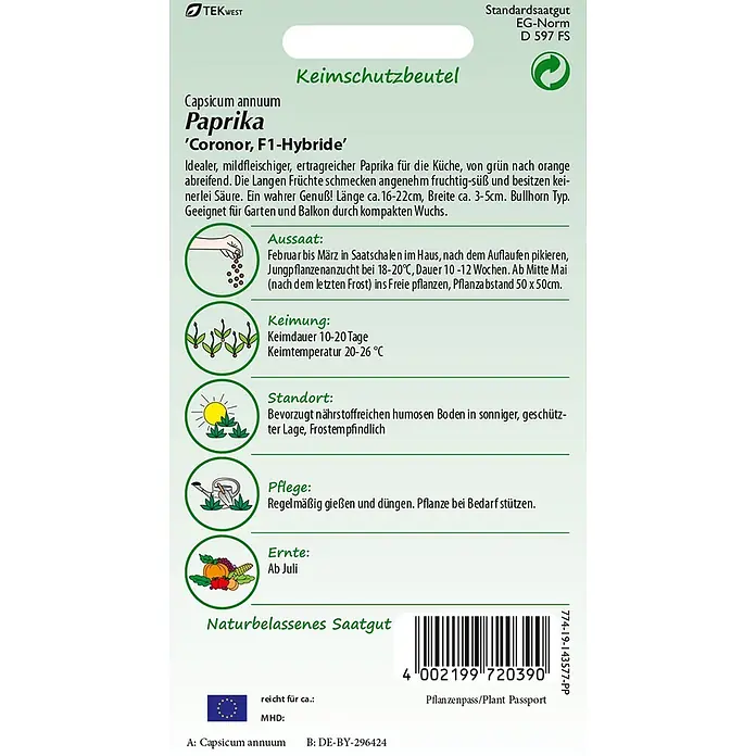 Samen Pfann Saatgut Paprika, Coronor F1 - Capsicum annuum, 1,6 g - Samenpackung für 'Coronor, F1-Hybride' Paprika mit grün-weißem Design, Text und Pflanzanweisungen.