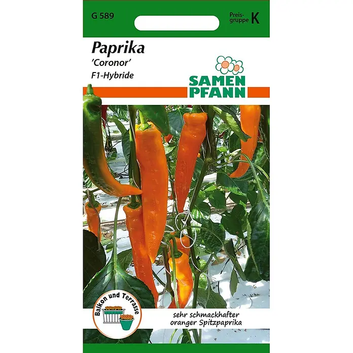 Samen Pfann Saatgut Paprika, Coronor F1 - Capsicum annuum, 1,6 g - Paprika 'Coronor' F1-Hybride Samenpackung mit Bild von orangefarbenem Spitzpaprika, ideal für Balkon und Terrasse.