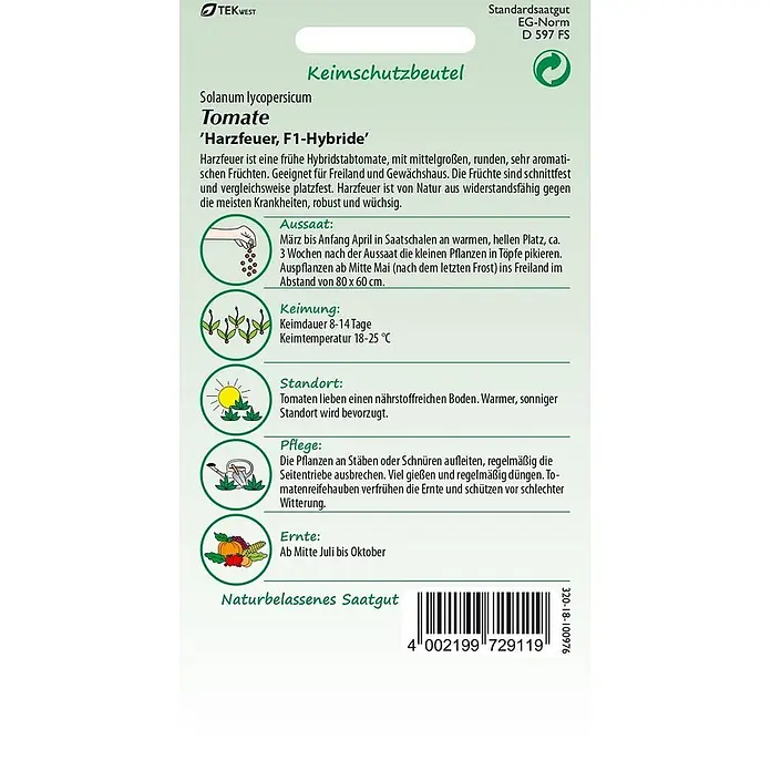 Samen Pfann Saatgut Tomate, Harzfeuer F1 - Solanum lycopersicum, 1,6 g - Samenpäckchen für 'Harzfeuer F1-Hybride' Tomatensamen mit Anbauanleitung und Barcode.