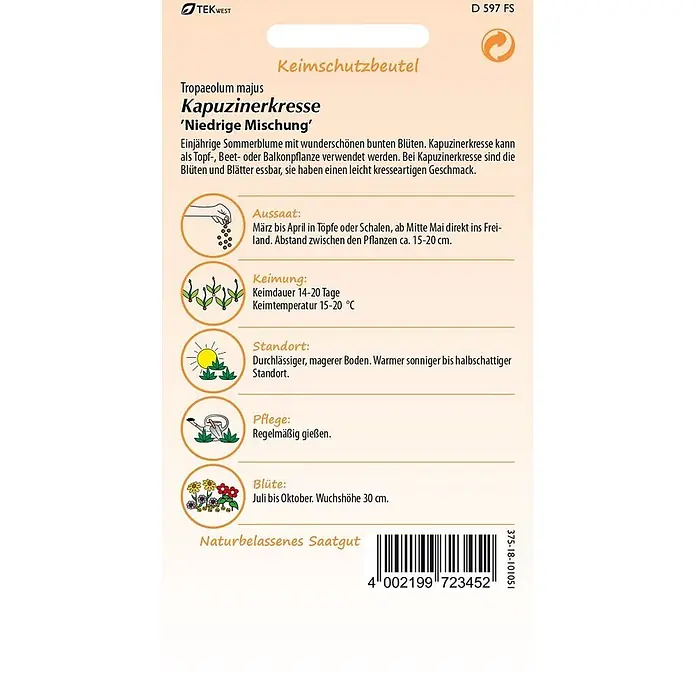 Samen Pfann Saatgut Kapuzinerkresse, niedrige Mischung - Tropaeolum majus - Samenpackung für Kapuzinerkresse 'Niedrige Mischung' von TEKWEST. Enthält Anbauinformationen und einen Barcode.