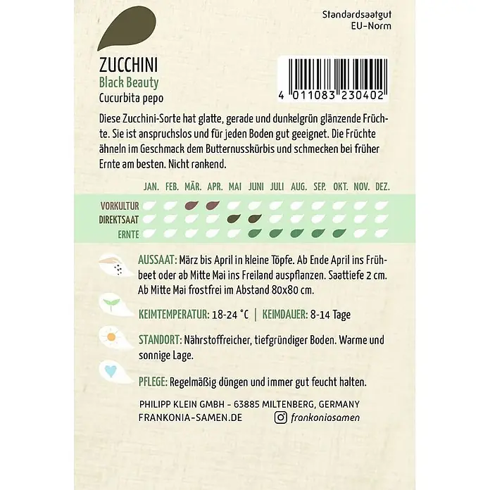 Frankonia Samen Saatgut Zucchini, Black Beauty - Cucurbita pepo, 1,68 g - Samenpäckchen für Zucchini 'Black Beauty' mit Anbauanleitung und Pflegehinweisen.