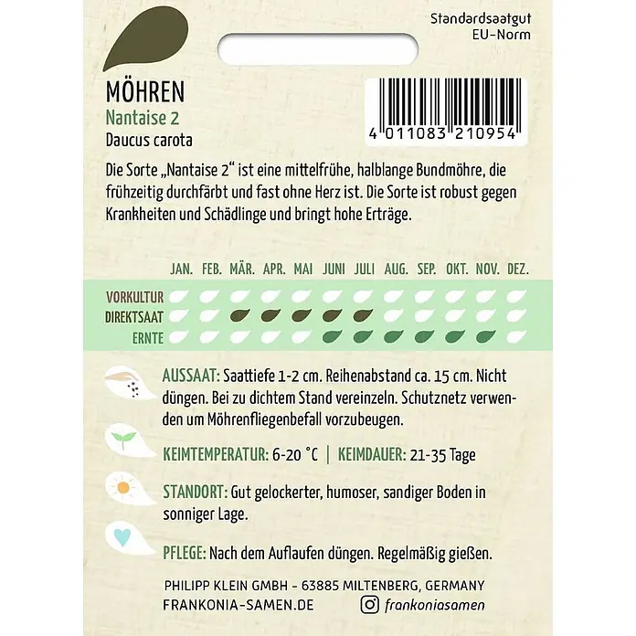 Frankonia Samen Saatgut Möhre, Nantaise 2 - Daucus carota, 1,58 g - Weiße Samenpackung für "Nantaise 2" Möhren mit grünem Text und Pflanzinformationen.