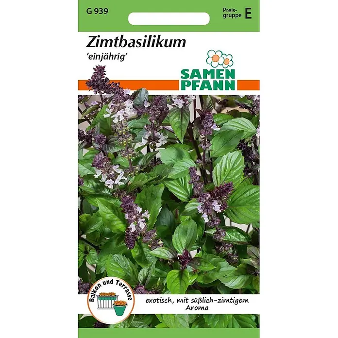 Samen Pfann Saatgut Zimt-Basilikum - Ocimum basilicum, 1,6 g - Samenpäckchen für Zimtbasilikum mit Abbildung der Pflanze mit grünen Blättern und lila Blüten.
