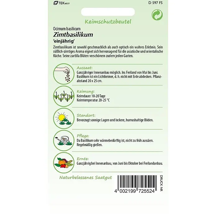 Samen Pfann Saatgut Zimt-Basilikum - Ocimum basilicum, 1,6 g - Saattüte für Zimtbasilikum mit Pflanzanleitung, Barcode und grünen Informationsfeldern.