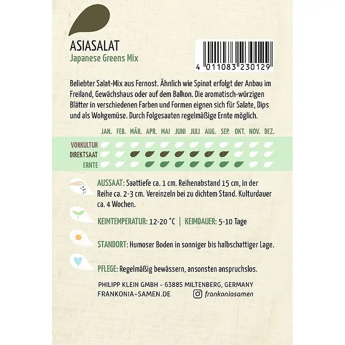 Frankonia Samen Saatgut Asiasalat, Japanese Greens Mix - Brassica juncea, 1,63 g - Samenpackung für Asiasalat (Japanese Greens Mix) mit Anbauanleitung und Barcode.
