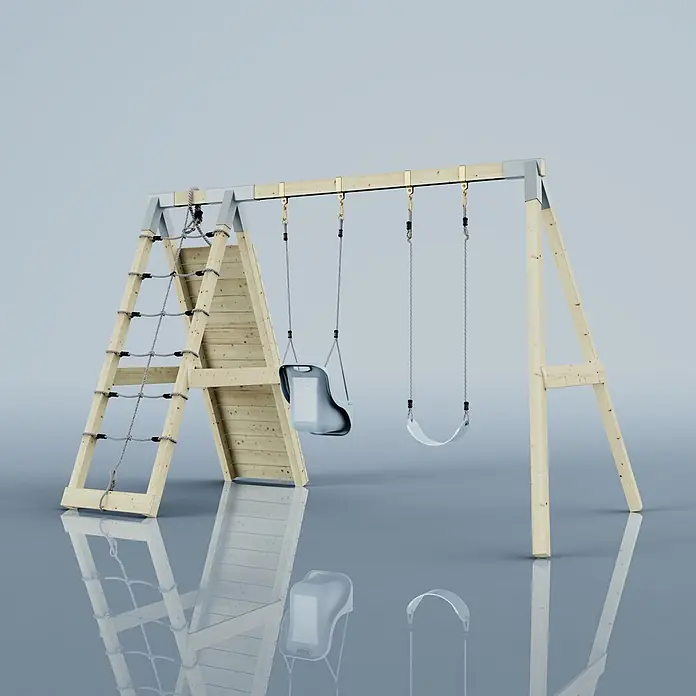 OutdoorToys Schaukel Klettergerüst Kuckuck - B x L: 183 x 322 cm, Holz - Holzspielturm mit Kletternetz, Babyschaukel und Standardschaukel.