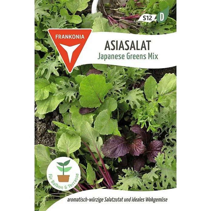 Frankonia Samen Saatgut Asiasalat, Japanese Greens Mix - Brassica juncea, 1,63 g - Samentüte für 'Japanese Greens Mix' (Asiasalat) mit Bild von verschiedenen Blattsalaten. Für Balkon & Terrasse geeignet.