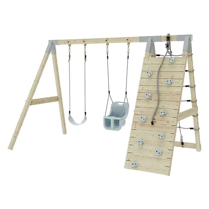 OutdoorToys Schaukel Klettergerüst Kuckuck - B x L: 183 x 322 cm, Holz - Holzschaukelgestell aus hellem Holz mit grauen Verbindern, zwei Schaukeln (eine Kleinkind), Kletterwand mit Seil und grauen Griffen.