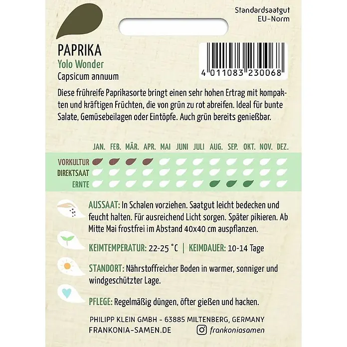 Frankonia Samen Saatgut Paprika, Yolo Wonder - Capsicum annuum, 1,47 g - Paprika 'Yolo Wonder' Samentüte mit Pflanzanleitung.