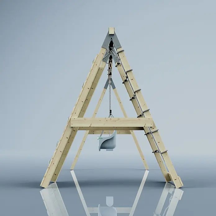 OutdoorToys Schaukel Klettergerüst Kuckuck - B x L: 183 x 322 cm, Holz - Holz-A-Rahmen-Spielset mit grauer Babyschaukel, Kletterseilen und Griffen. Aus hellem Kiefernholz und grauen Metallverbindern.