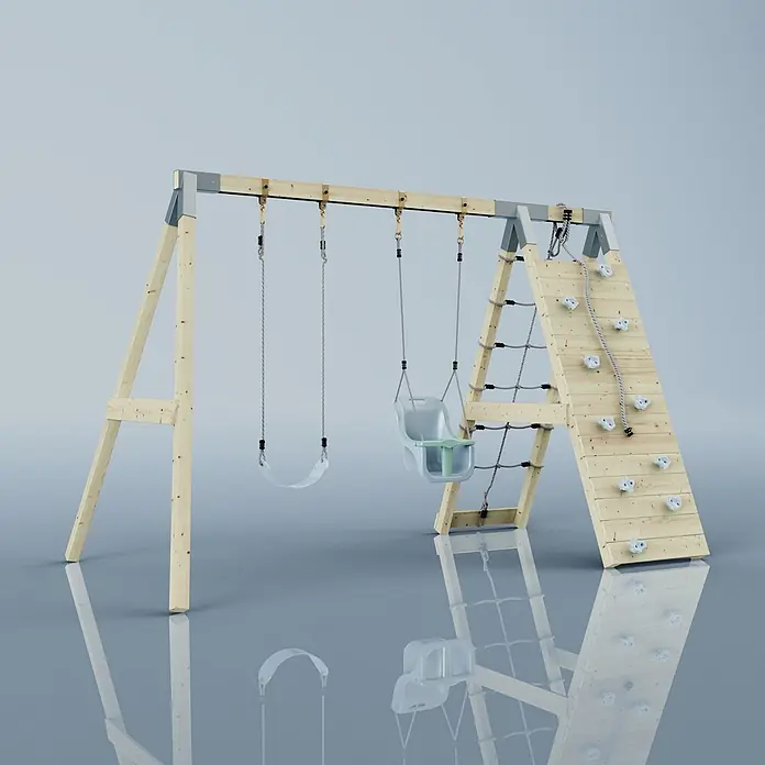 OutdoorToys Schaukel Klettergerüst Kuckuck - B x L: 183 x 322 cm, Holz - Hölzernes Schaukelset mit zwei Schaukeln, Seilleiter und Kletterwand, aus Naturholz mit grauen Akzenten.