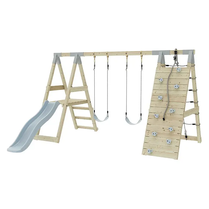 OutdoorToys Schaukel Klettergerüst Frosch - B x L: 288 x 370 cm, Holz - Ein hölzernes Spielgerüst mit hellblauer Rutsche, zwei Schaukeln und einer Kletterwand mit Seil.