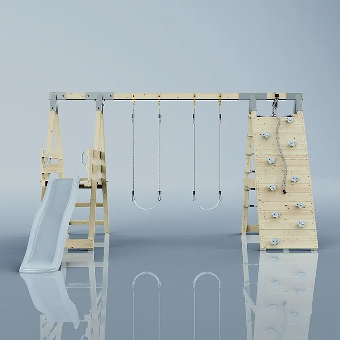 OutdoorToys Schaukel Klettergerüst Frosch - B x L: 288 x 370 cm, Holz - Hölzernes Kinderspielplatz-Set mit Rutsche, zwei Schaukeln und Kletterwand.