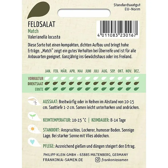 Frankonia Samen Saatgut Feldsalat, Match - Valerianella locusta, 1,68 g - Saatguttüte für Feldsalat 'Match' mit Pflanzanleitung und Barcode.
