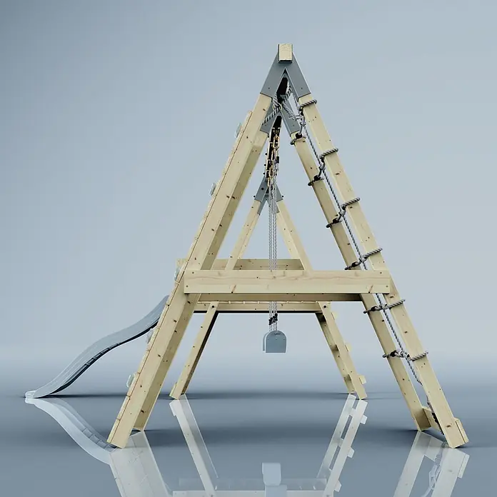 OutdoorToys Schaukel Klettergerüst Frosch - B x L: 288 x 370 cm, Holz - Hölzernes A-Rahmen-Spielgerät mit Rutsche, Kletterseil und Schaukelbefestigung.