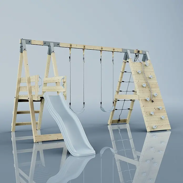 OutdoorToys Schaukel Klettergerüst Frosch - B x L: 288 x 370 cm, Holz - Hölzerne Schaukelanlage mit hellblauer Rutsche, zwei Schaukeln, Kletternetz und Kletterwand mit weißen Griffen.