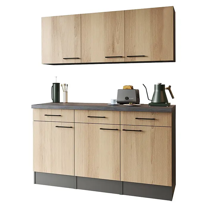 Respekta Oliver Sideboard - Breite: 150 cm, Artisan Eiche, Mit Oberschrank - Helle Holzküchenschränke mit dunklen Griffen, dunkelgrauer Arbeitsplatte und Küchengeräten.